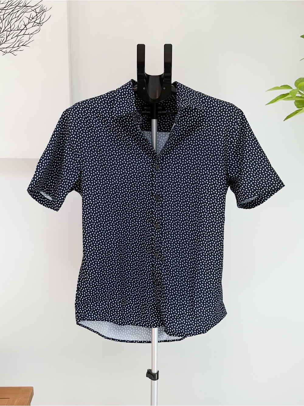 Michael Kors Navy Button-Down Short Sleeve Shirt with White Dot Print